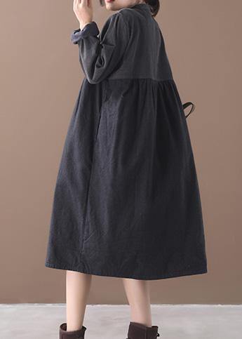 French O Neck Button Patchwork Black Plaid Dress