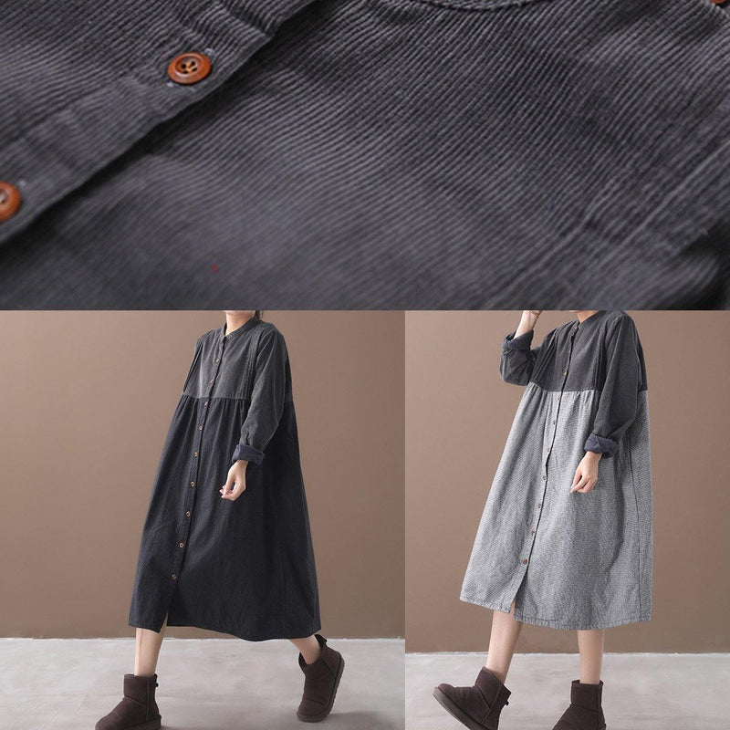 French O Neck Button Patchwork Black Plaid Dress