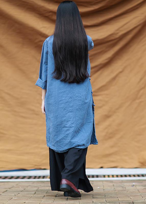 French O Neck Chinese Button Dresses Runway Blue Dresses