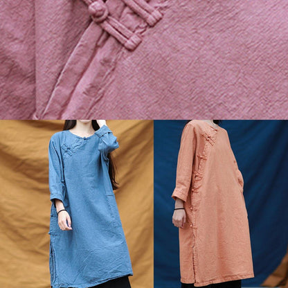 French O Neck Chinese Button Dresses Runway Blue Dresses