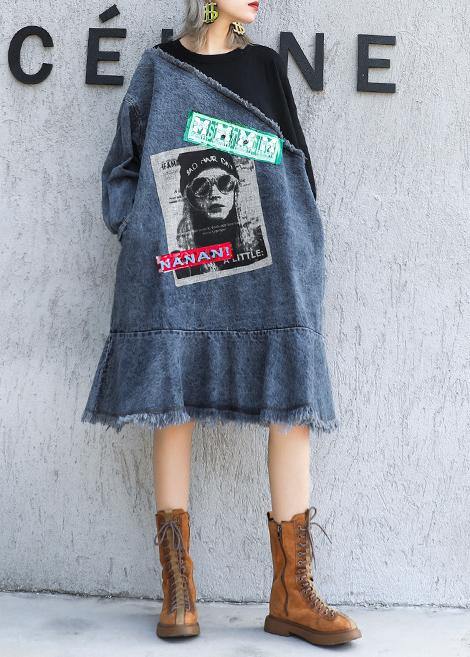 French O Neck Ruffles Cotton Tunic Dress Denim Blue Patchwork Black Dress