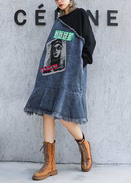 French O Neck Ruffles Cotton Tunic Dress Denim Blue Patchwork Black Dress