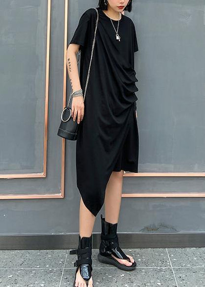 French O Neck Asymmetric Cotton 0wardrobes Black Dresses