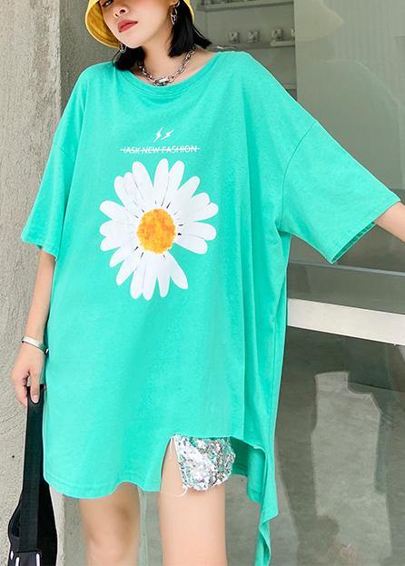 French O Neck Asymmetric Cotton Blouses for Green Daisy Blouses