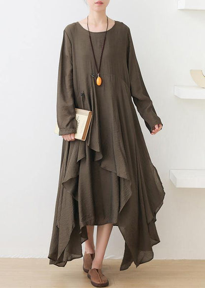 French O Neck Asymmetric Dress Pattern Army Green Art Dresses