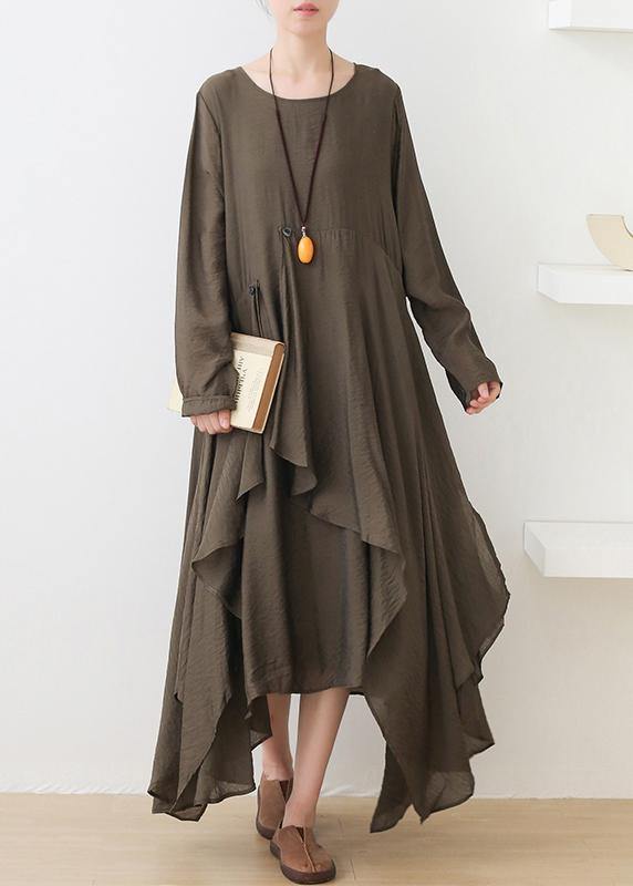 French O Neck Asymmetric Dress Pattern Army Green Art Dresses