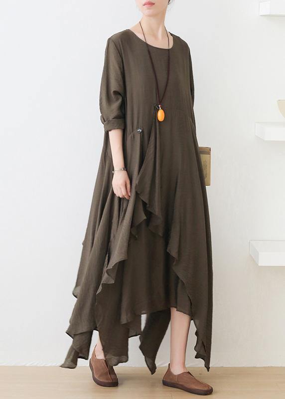 French O Neck Asymmetric Dress Pattern Army Green Art Dresses