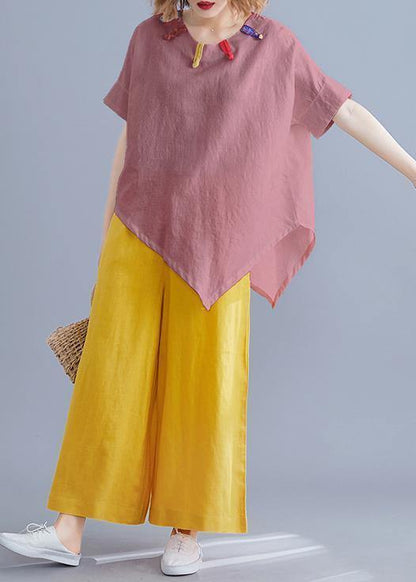 French O Neck Asymmetric Linen Cotton Tunic Top Brown Cotton Top Summer