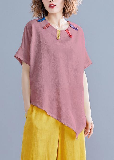 French O Neck Asymmetric Linen Cotton Tunic Top Brown Cotton Top Summer