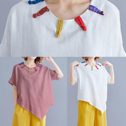French O Neck Asymmetric Linen Cotton Tunic Top Brown Cotton Top Summer