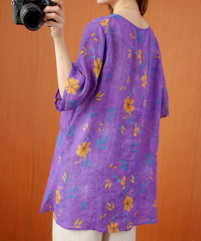 French O Neck Asymmetric Summer Top Shirts Purple Print Top
