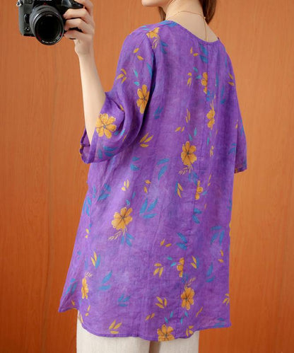 French O Neck Asymmetric Summer Top Shirts Purple Print Top