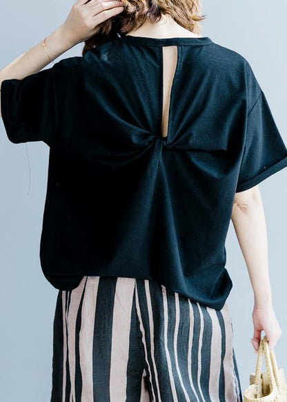 French O Neck Back Side Open Clothes for Outfits Black Shirt
