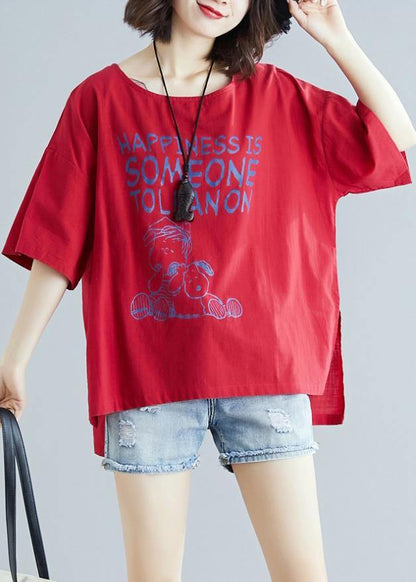 French O Neck Baggy Cotton Linen Tunics for Red Print Blouse