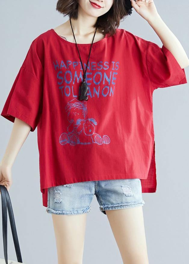 French O Neck Baggy Cotton Linen Tunics for Red Print Blouse
