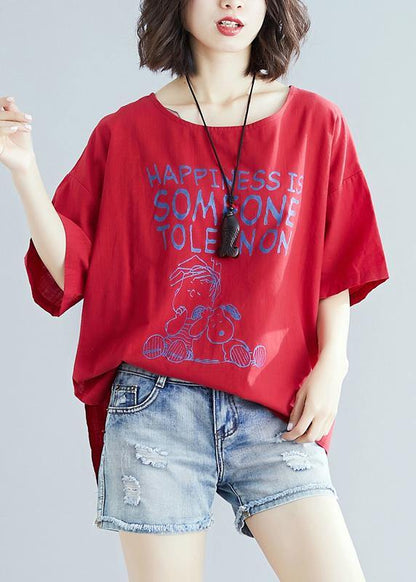 French O Neck Baggy Cotton Linen Tunics for Red Print Blouse