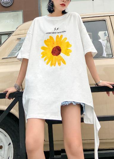 French O Neck Cotton Blouse Sleeve White Print Tops