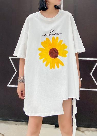 French O Neck Cotton Blouse Sleeve White Print Tops