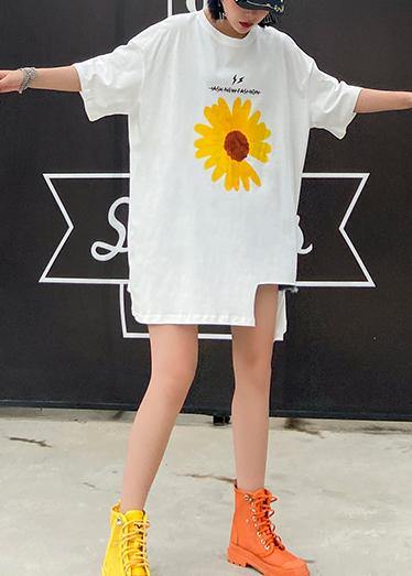 French O Neck Cotton Blouse Sleeve White Print Tops