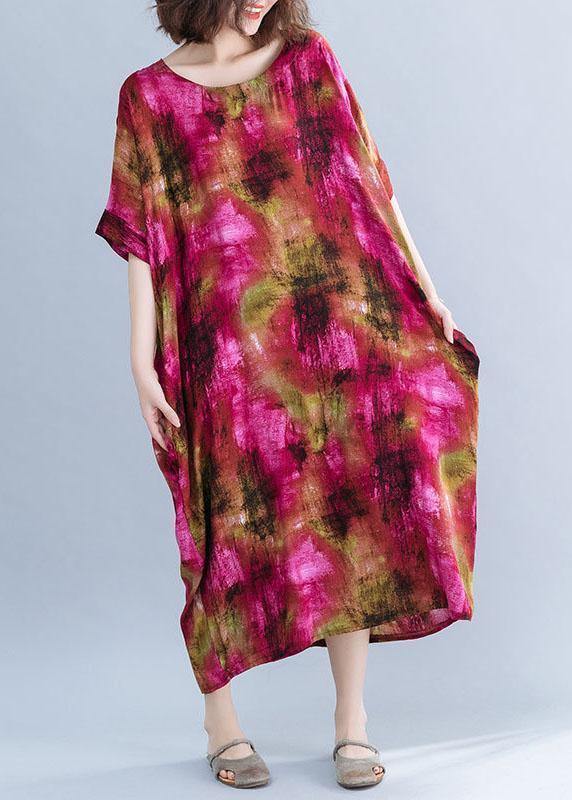 French O Neck Cotton Dresses Shape Red Prints Maxi Dresses Short Sleeve Summer