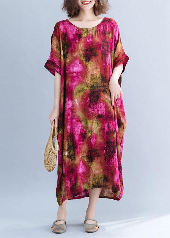 French O Neck Cotton Dresses Shape Red Prints Maxi Dresses Short Sleeve Summer