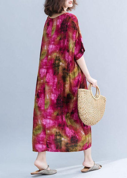 French O Neck Cotton Dresses Shape Red Prints Maxi Dresses Short Sleeve Summer