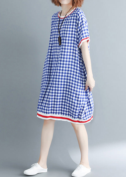 French O Neck Cotton Outfit Work Outfits Blue Plaid Dress Summer