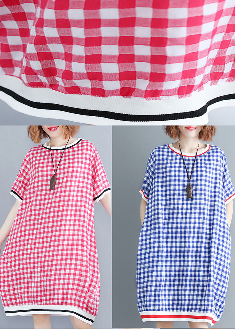 French O Neck Cotton Outfit Work Outfits Blue Plaid Dress Summer