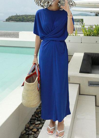 French O Neck Cotton Summer Dresses Work Outfits Blue Dress