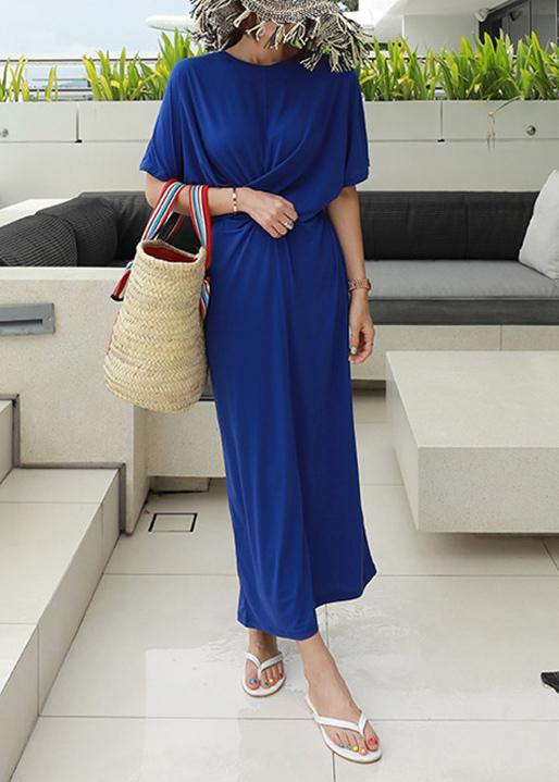 French O Neck Cotton Summer Dresses Work Outfits Blue Dress