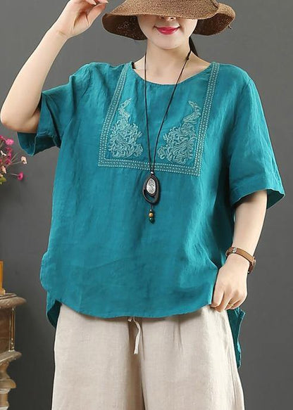 French O Neck Cotton Tunic Blue Embroidery Daily Tops