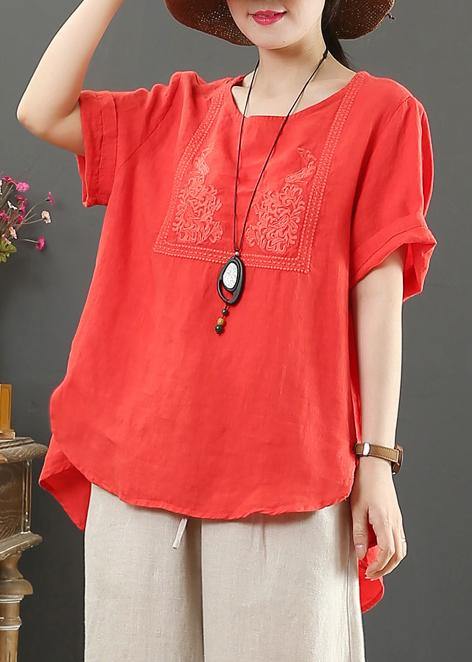 French O Neck Cotton Tunic Blue Embroidery Daily Tops