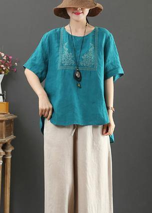 French O Neck Cotton Tunic Blue Embroidery Daily Tops
