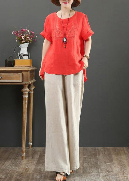 French O Neck Cotton Tunic Blue Embroidery Daily Tops