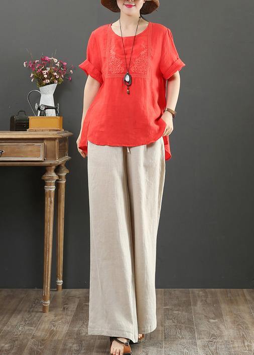 French O Neck Cotton Tunic Blue Embroidery Daily Tops