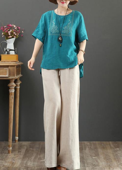 French O Neck Cotton Tunic Blue Embroidery Daily Tops