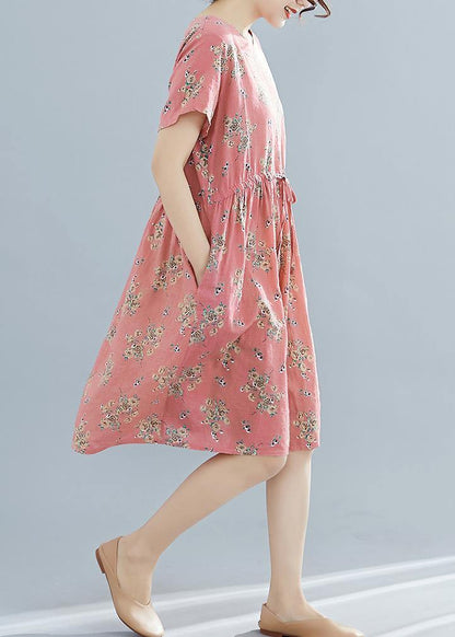 French O Neck Drawstring Chiffon Dress Pink Print Dresses Summer