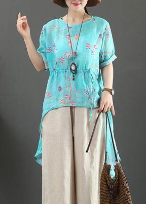 French O Neck Drawstring Linen Clothes Fabrics Green Print Shirts