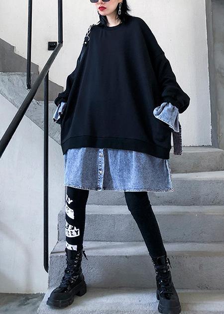 French O Neck False Two Pieces Box Top Photography Black Shirt