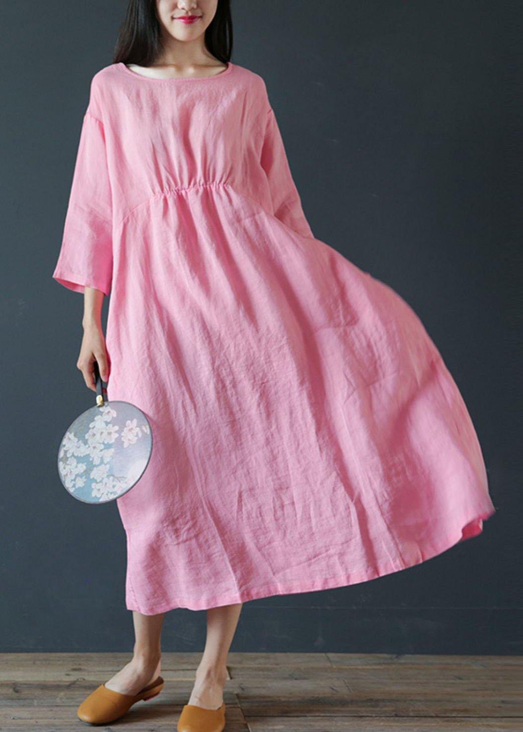 French O Neck Half Sleeve Linen Outfit Design Pink Dress