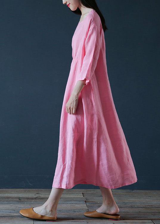 French O Neck Half Sleeve Linen Outfit Design Pink Dress