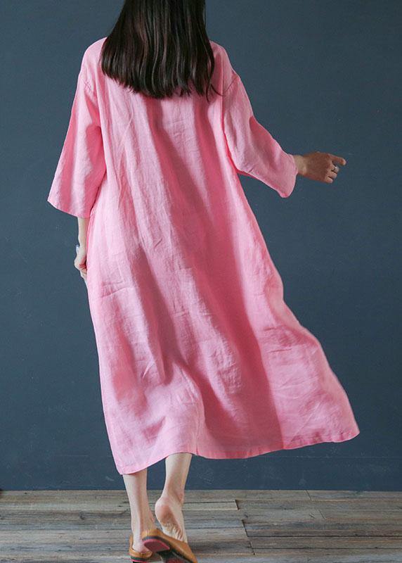 French O Neck Half Sleeve Linen Outfit Design Pink Dress