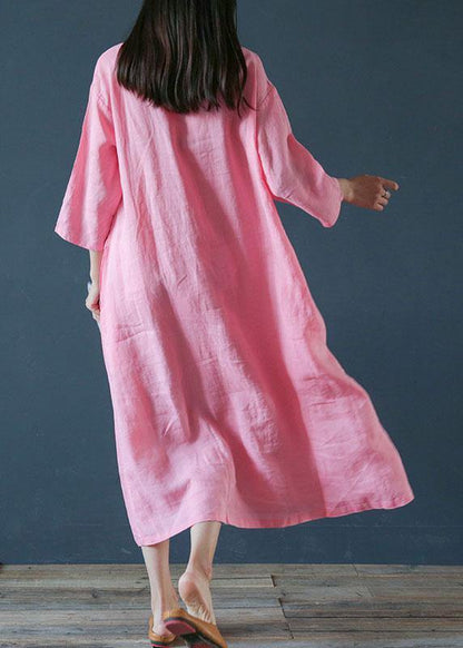 French O Neck Half Sleeve Linen Outfit Design Pink Dress