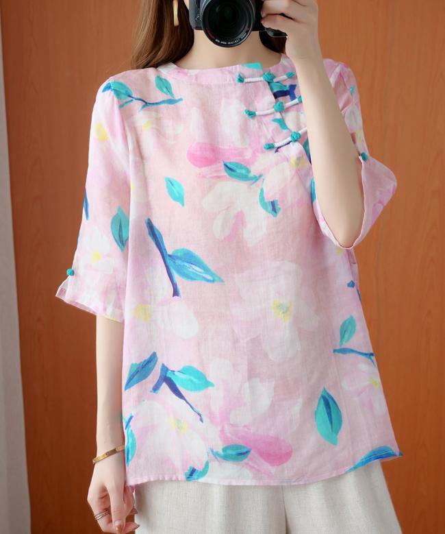 French O Neck Half Sleeve Summer Shirts Pink Print Shirt