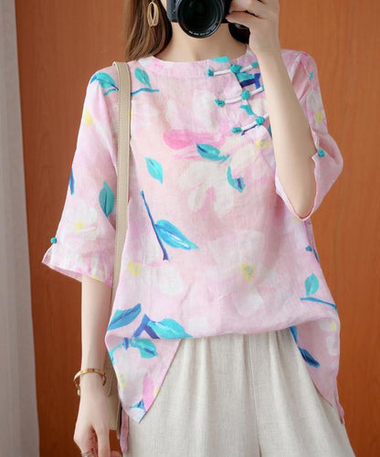 French O Neck Half Sleeve Summer Shirts Pink Print Shirt