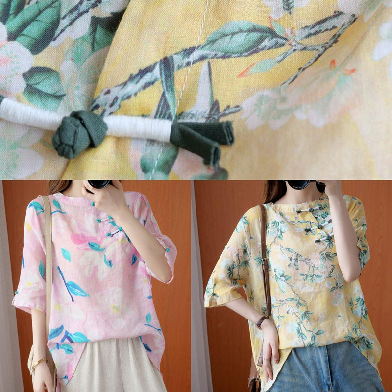 French O Neck Half Sleeve Summer Shirts Pink Print Shirt