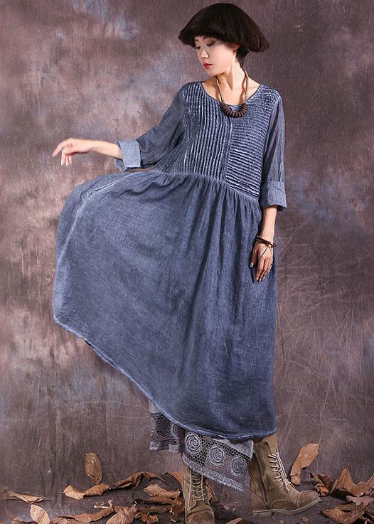 French O Neck Linen Cotton Clothes for Sewing Blue Cinched Dresses Summer