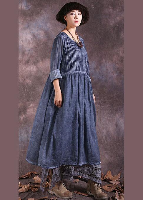 French O Neck Linen Cotton Clothes for Sewing Blue Cinched Dresses Summer