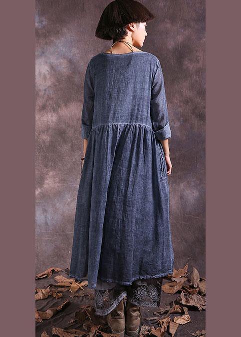 French O Neck Linen Cotton Clothes for Sewing Blue Cinched Dresses Summer