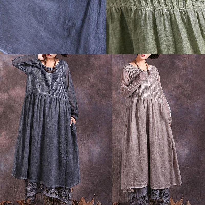 French O Neck Linen Cotton Clothes for Sewing Blue Cinched Dresses Summer